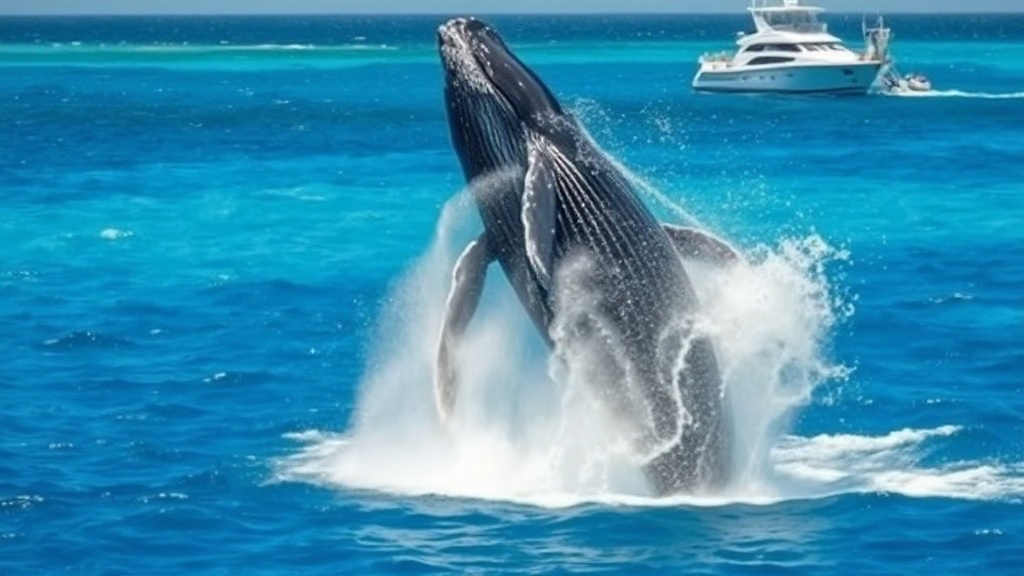 Baleine à bosse sautant hors de l'eau dans la mer des Caraïbes, Guadeloupe