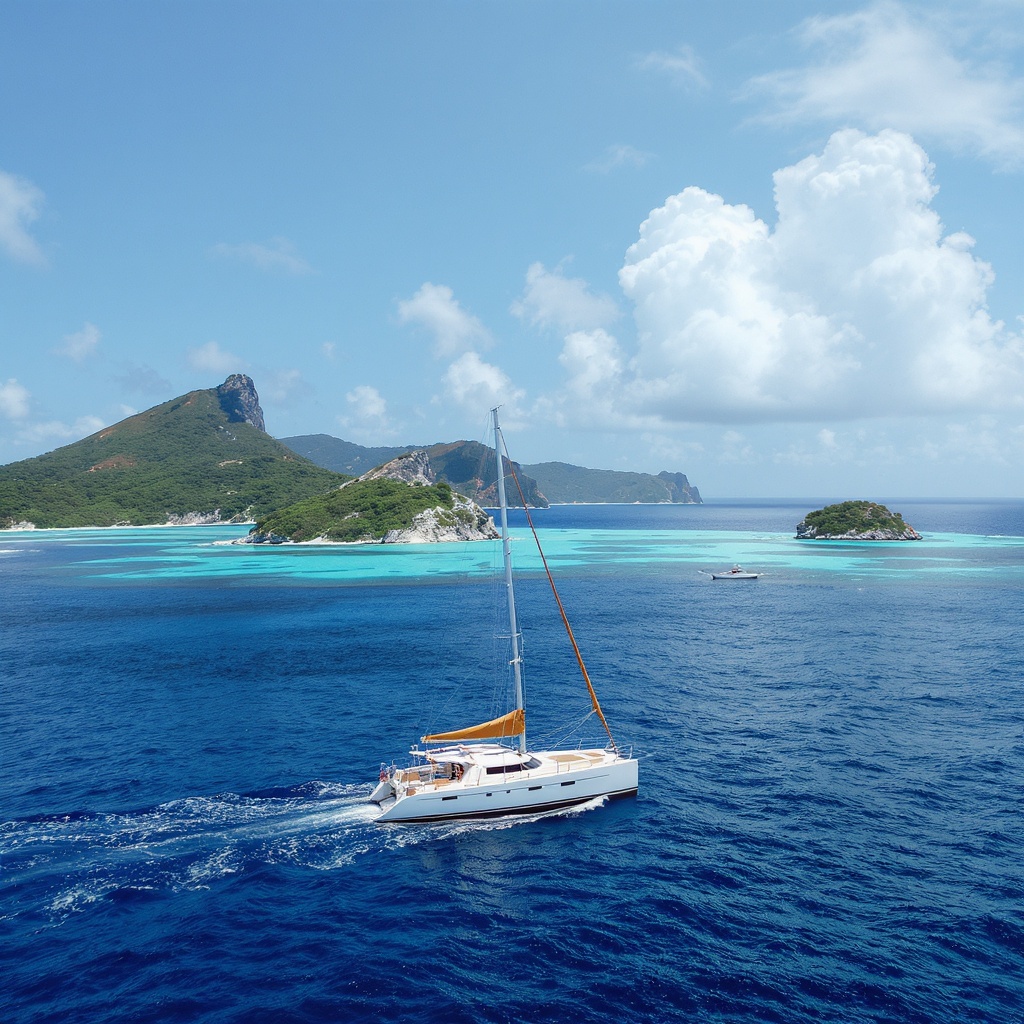 Catamaran blanc naviguant sur une mer turquoise, avec des îles tropicales à l’horizon