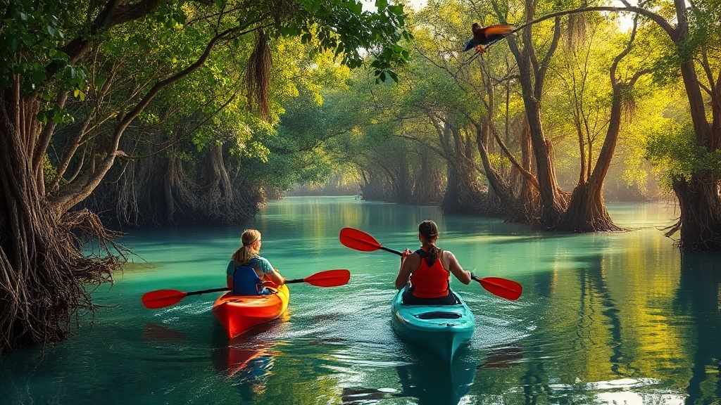Kayak dans la mangrove du Grand Cul-de-Sac Marin à Sainte-Rose, Guadeloupe