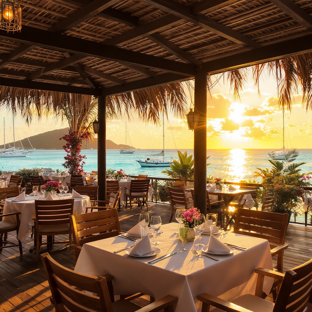 Terrasse d'un restaurant créole au coucher de soleil, marina de Saint-François en Guadeloupe
