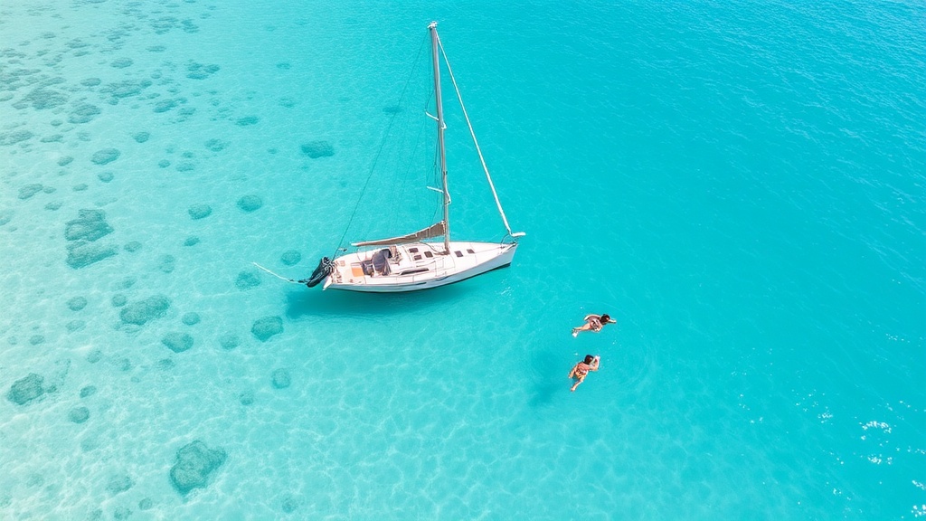 Bateau dans le lagon turquoise des fonds blancs de Sainte-Anne en Guadeloupe