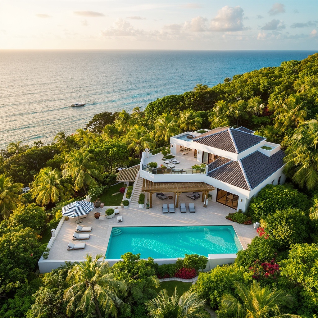 Villa de luxe avec piscine en Guadeloupe vue depuis les airs, mer des Caraïbes en arrière-plan