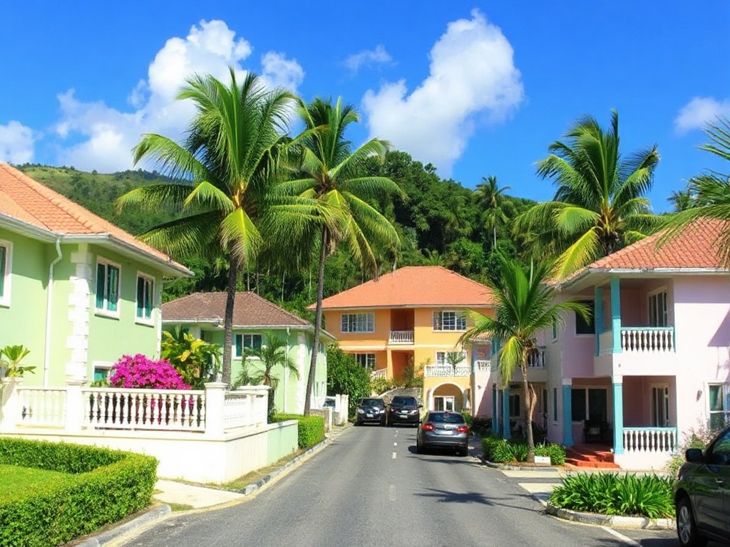 Quartier résidentiel de Sainte-Anne, villas créoles bordées de cocotiers sur la route de la Corniche