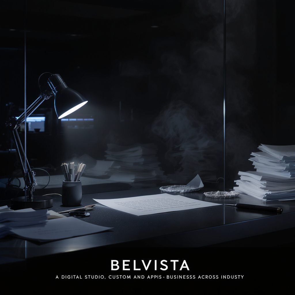 A modern studio workspace with electric-blue light reflected across dark architectural glass.