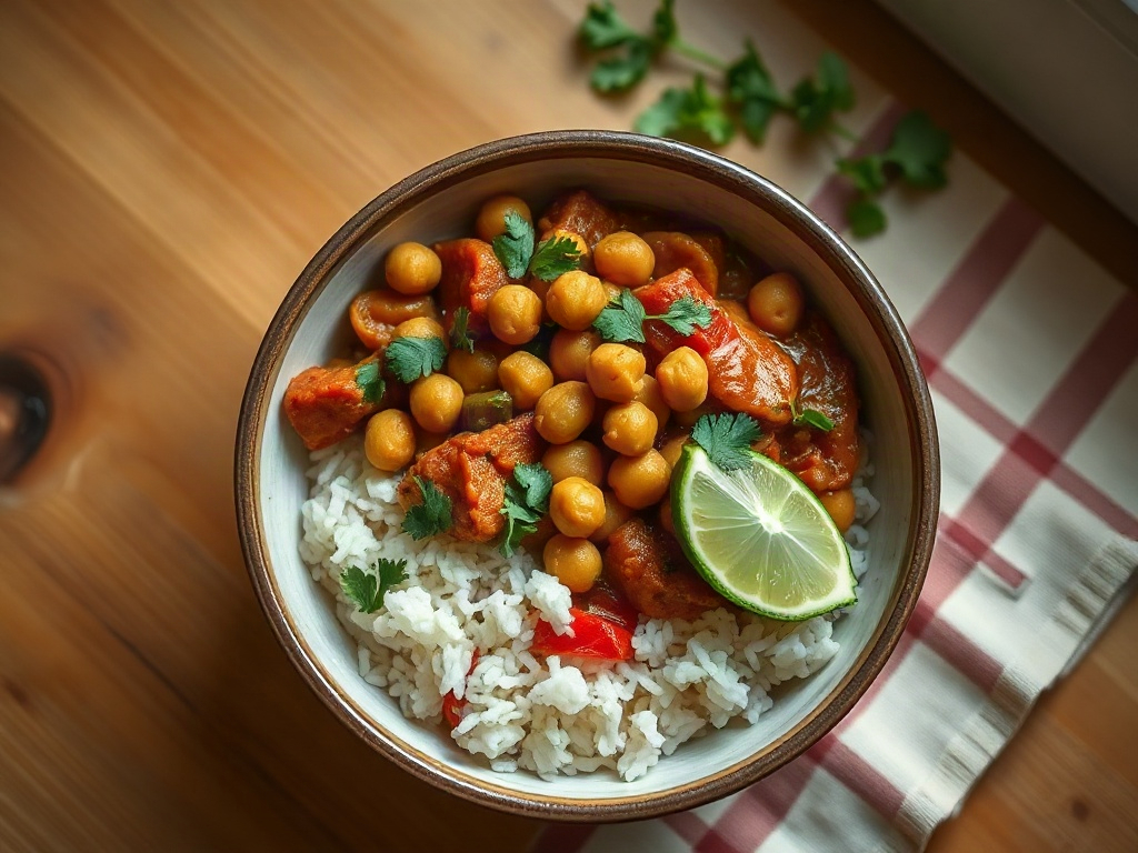 Chickpea and vegetable curry served with rice, cilantro, and lime.