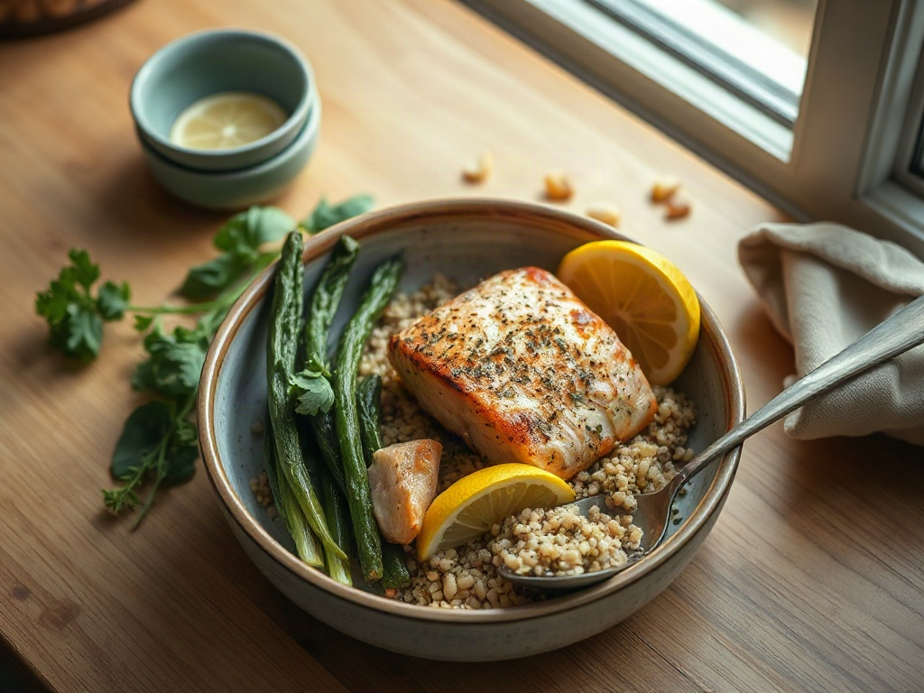 Roasted salmon with lemon, green vegetables, and herbed grains.