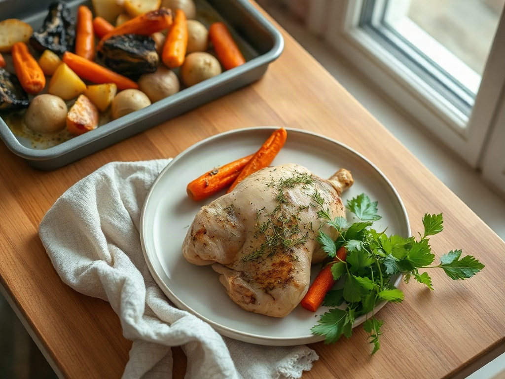 Sheet-pan chicken with roasted carrots, potatoes, and fresh herbs.