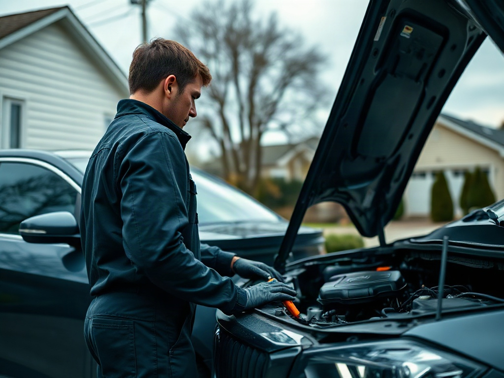 A mobile mechanic inspecting a car engine in a driveway