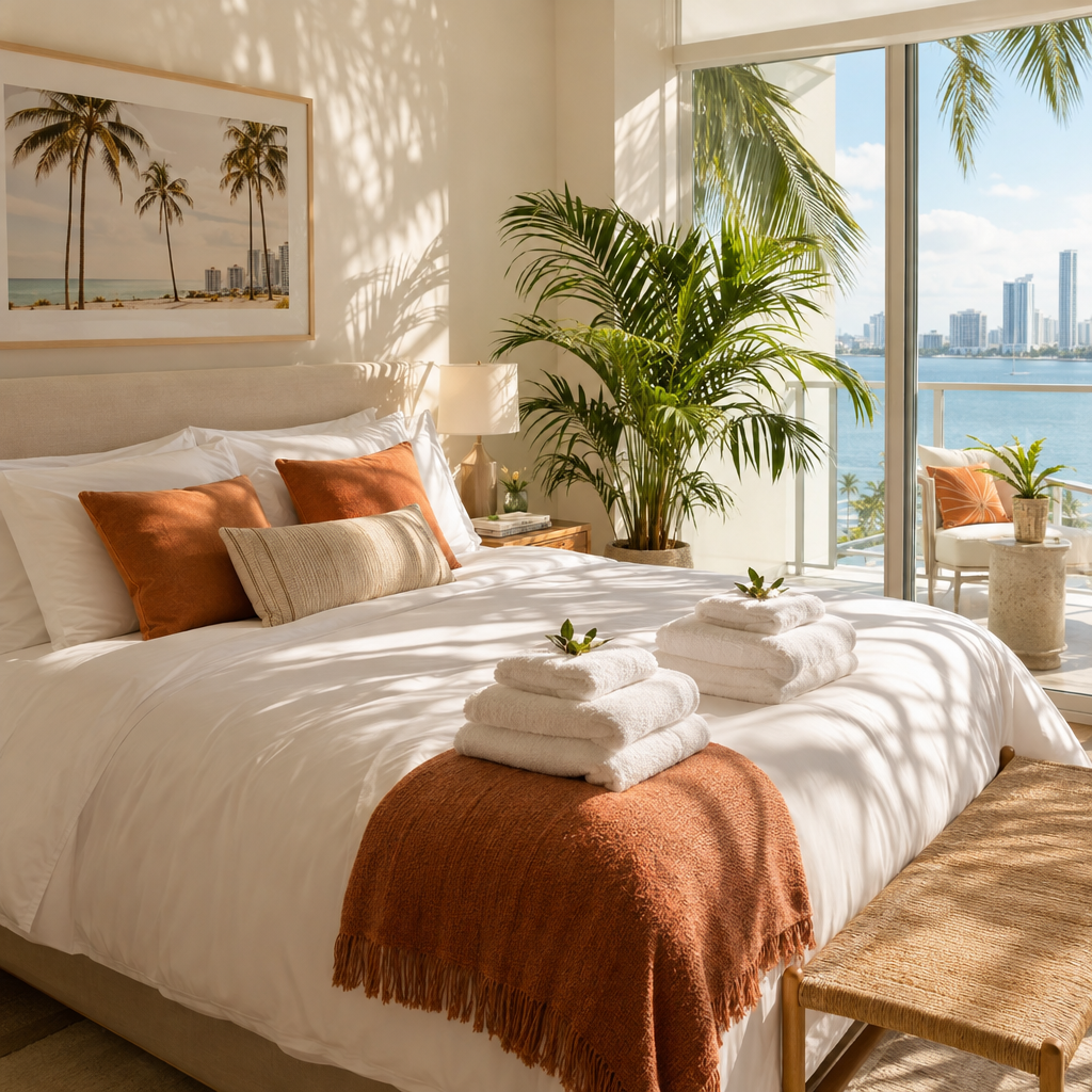 Freshly made bed with folded towels in a sunlit Miami apartment