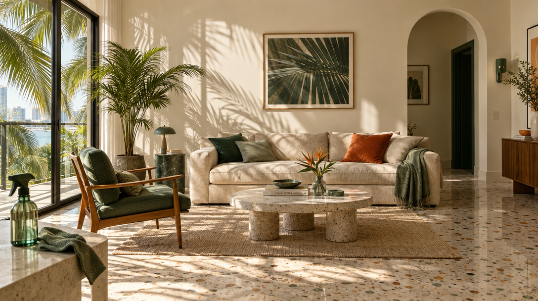Sunlit Miami living room with palm shadows, warm linen seating, and a cleaning cloth ready on the counter