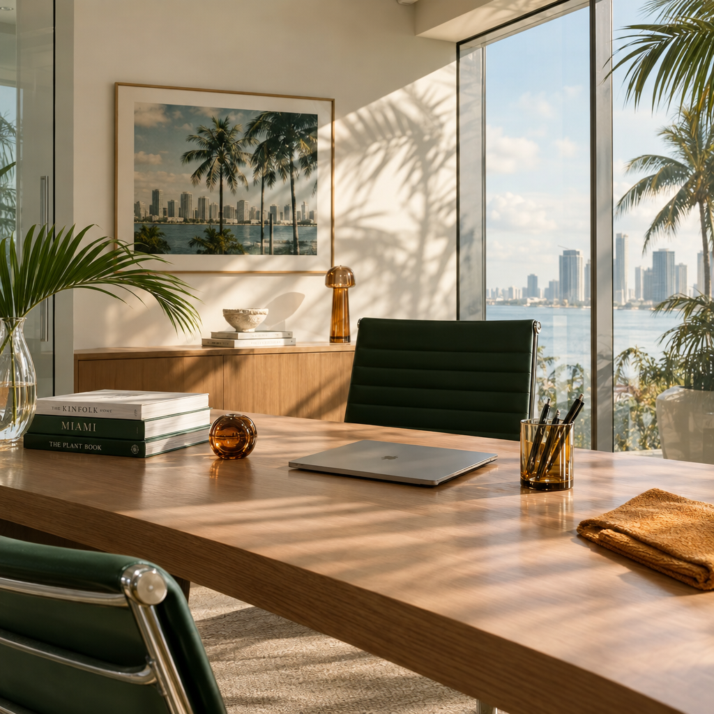 Bright modern office with an organized wood desk and soft palm shadows