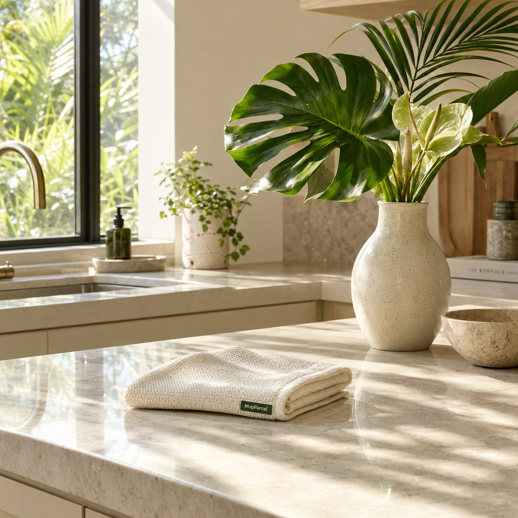 Spotless sunlit kitchen counter with a folded cleaning cloth and tropical greenery for weekly cleaning