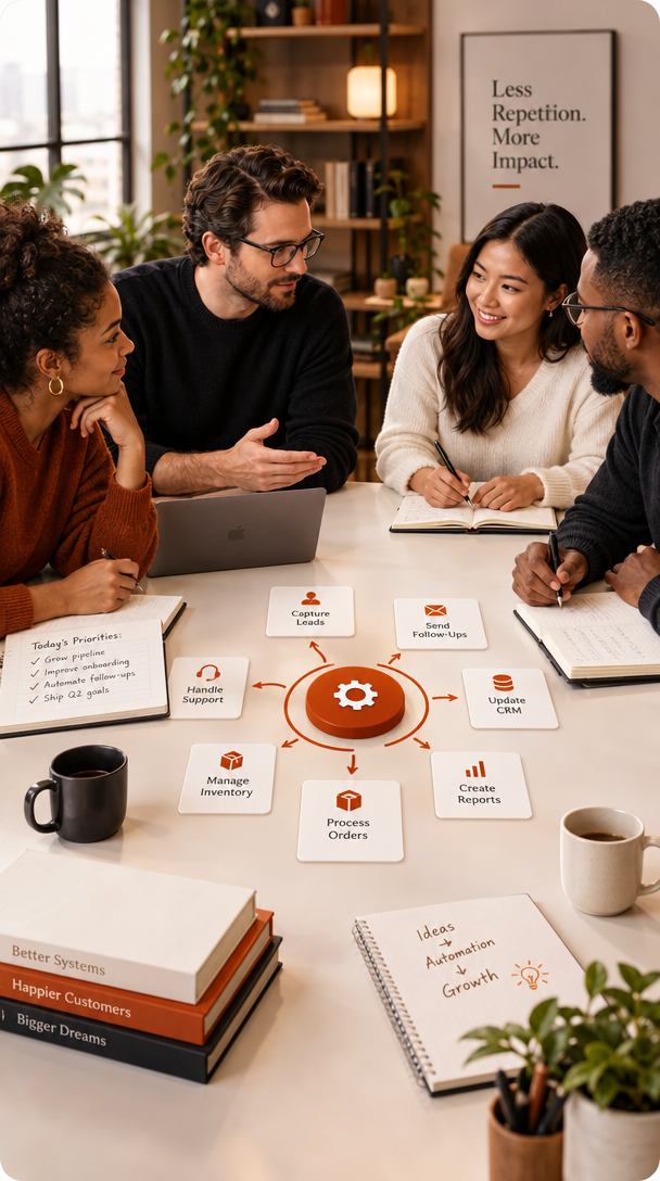 Illustrative scene of a small business team reviewing workflow cards around a table.