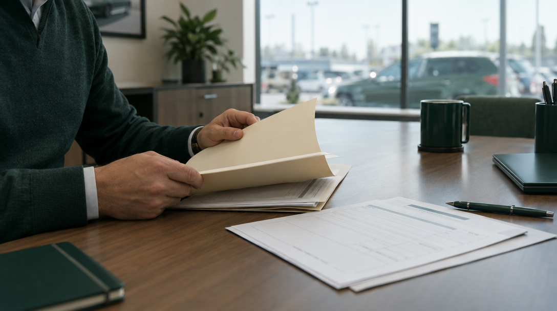 A finance manager reviewing plain paperwork at a dealership desk