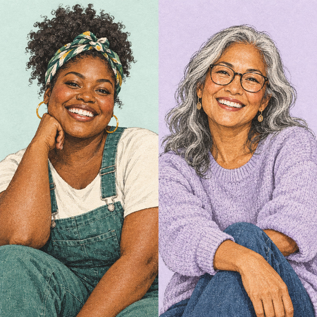 Two adults smiling in colorful mint and lavender portrait panels
