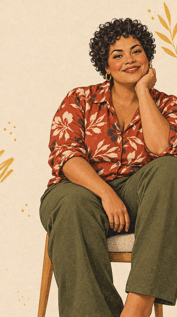 A smiling woman in a patterned rust-red shirt, seated comfortably against a warm beige backdrop