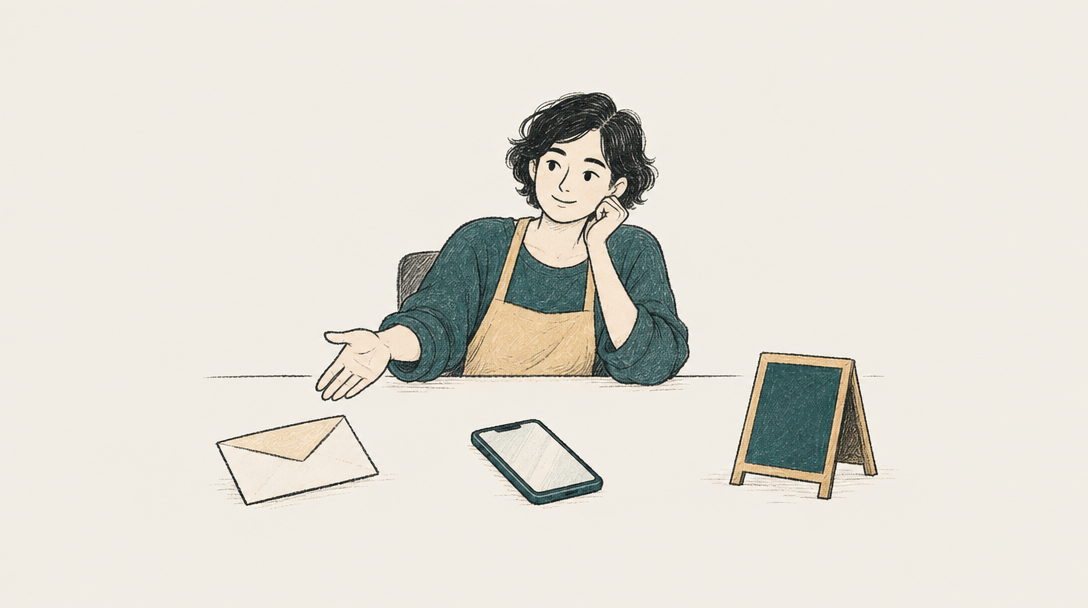 A small business owner considering an envelope, a phone and a shop sign.