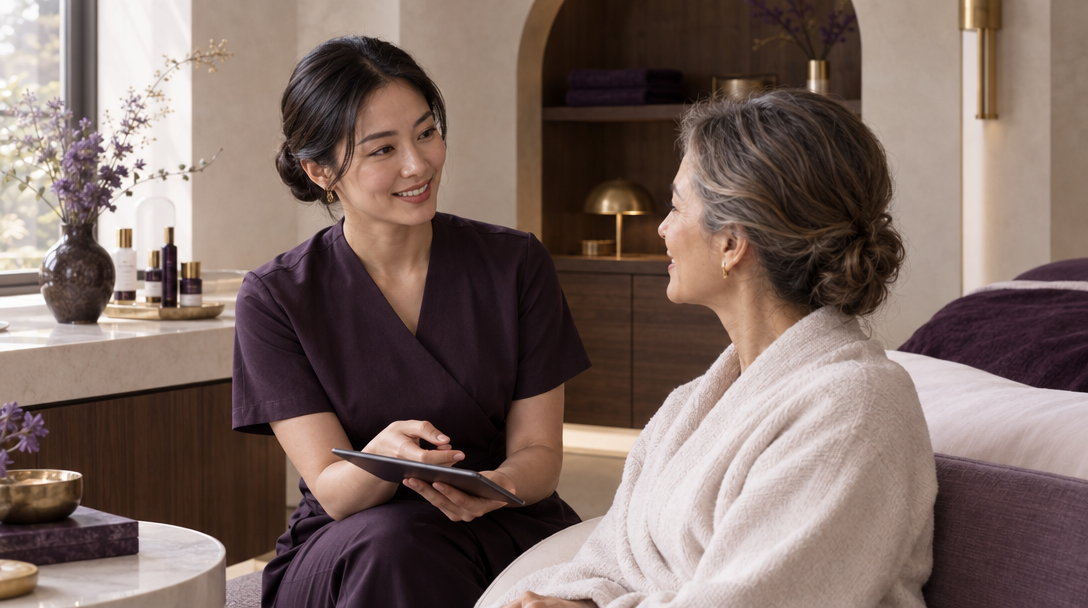 An East Asian esthetician speaking with a mature client in a serene treatment studio.