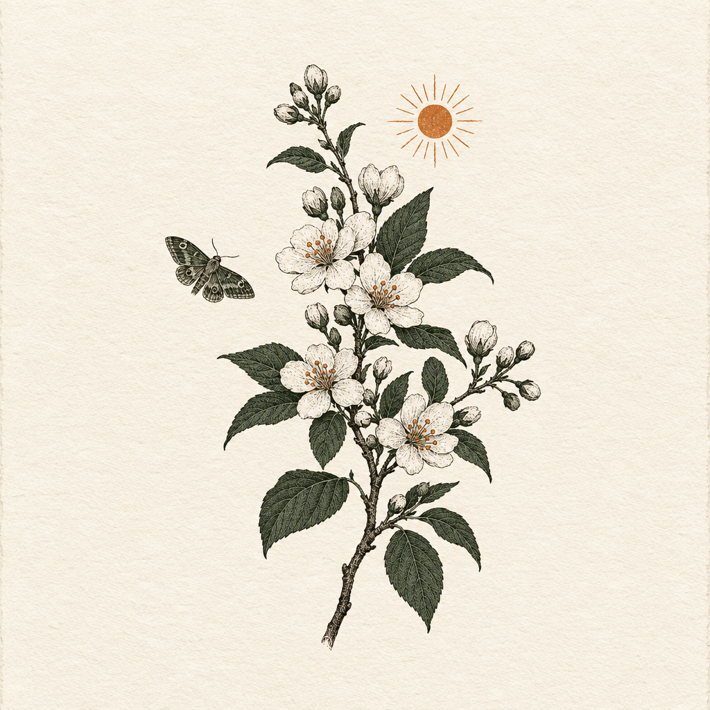 Botanical flowering branch and moth on ivory paper