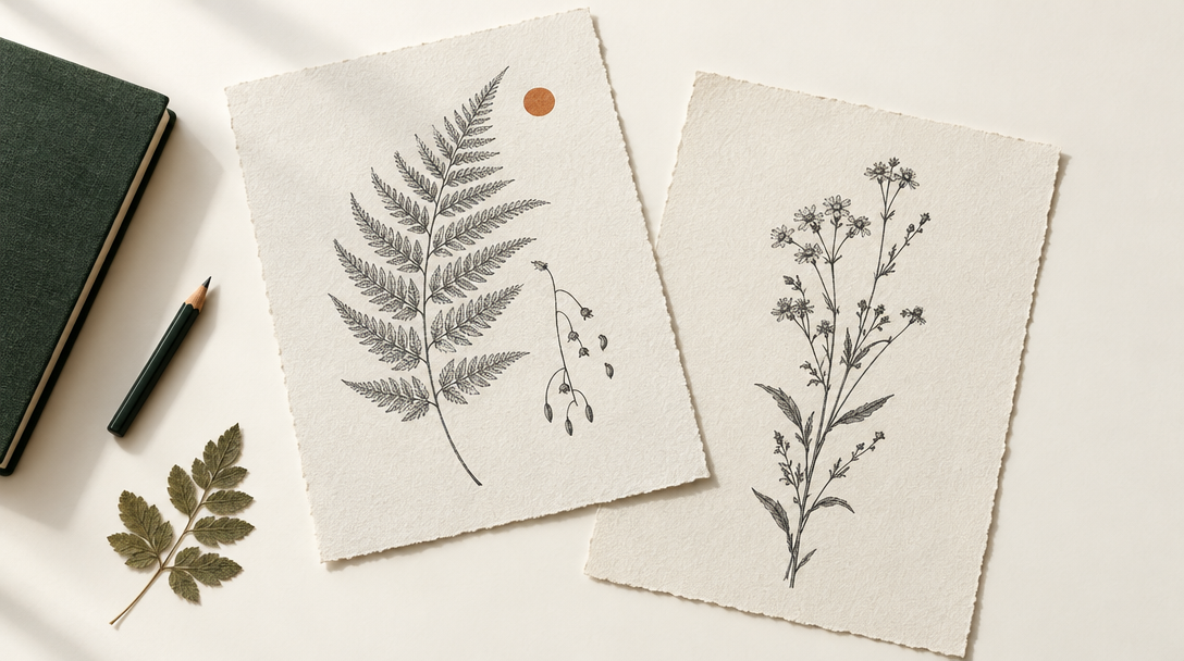 Botanical journal sheets beside a forest-green notebook and pencil