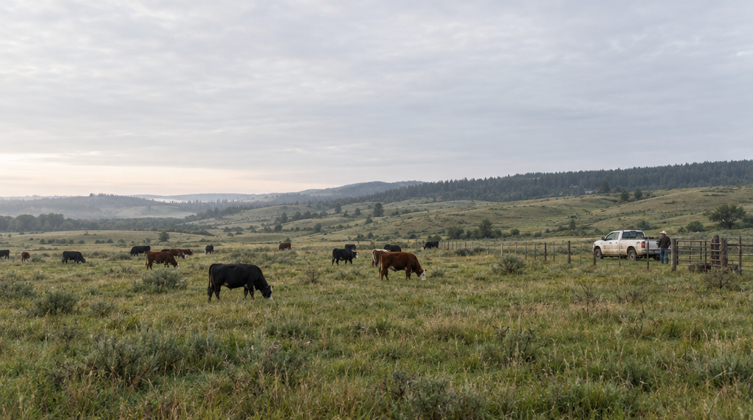 Cattle grazing across a rolling working ranch pasture at daybreak, with a pickup by the fence.