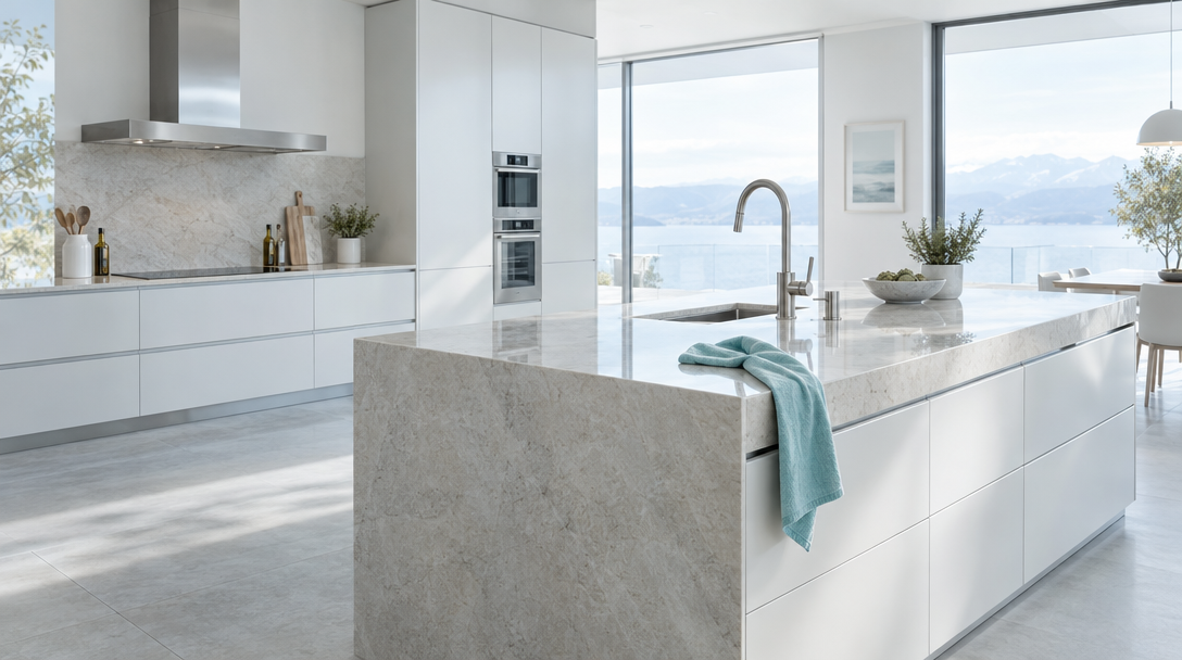 Spotless light kitchen with pale stone counters and natural daylight