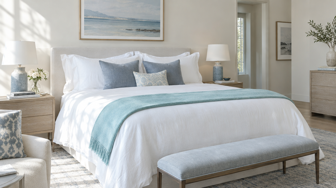 Impeccably made bed with crisp white linen and a pale turquoise throw in a bright bedroom