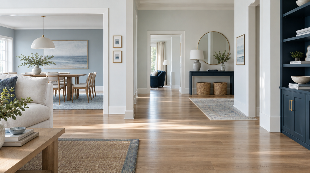 Spotless natural wood floor in a bright uncluttered home interior
