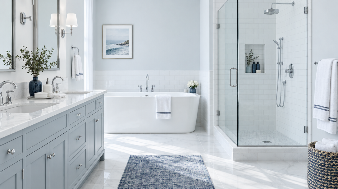 Pristine light bathroom with polished chrome fixtures and folded white towels