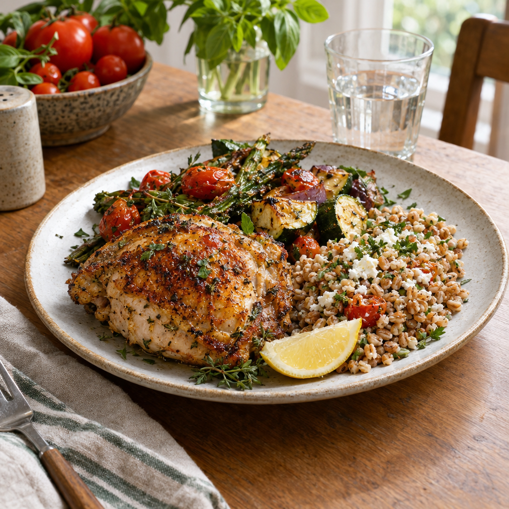 A home-style meal of roasted chicken, vegetables and grains