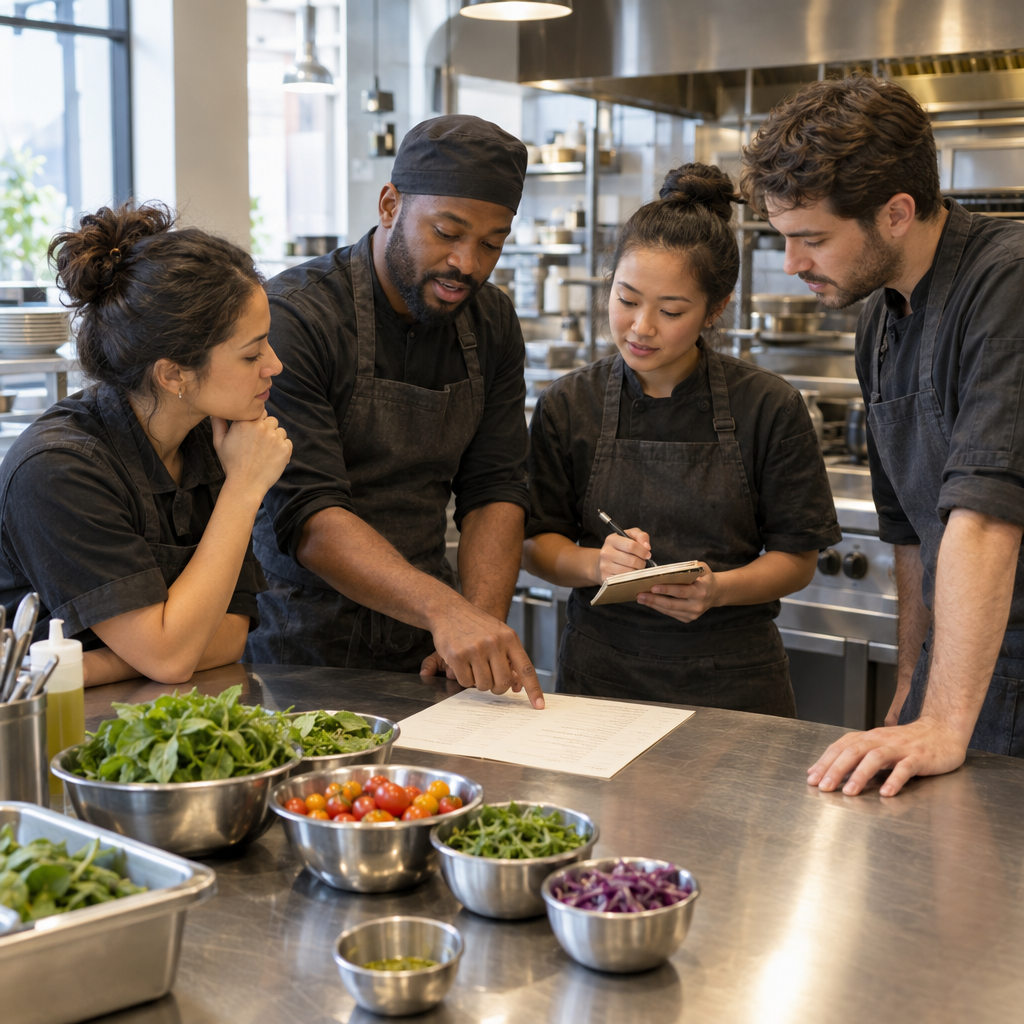 Restaurant team discussing a menu at a prep counter