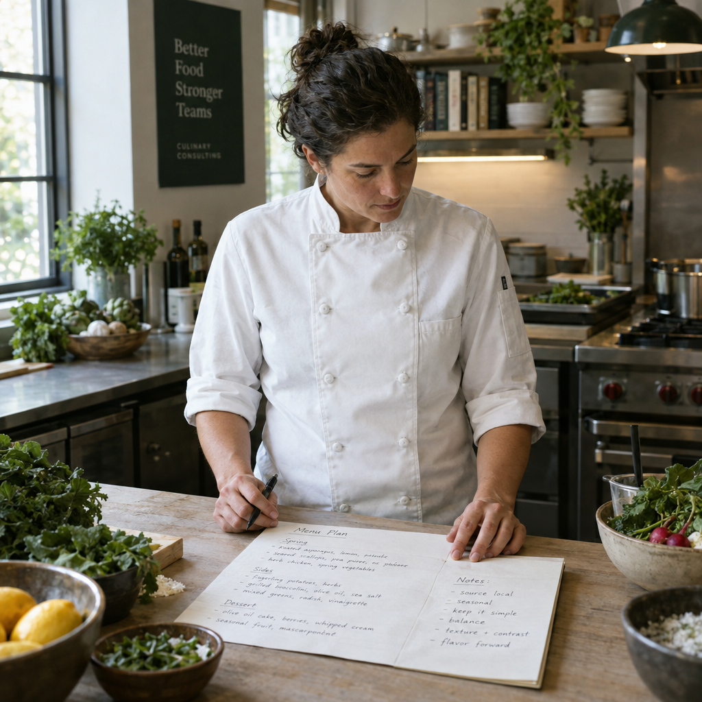 Chef reviewing a menu plan at a kitchen counter
