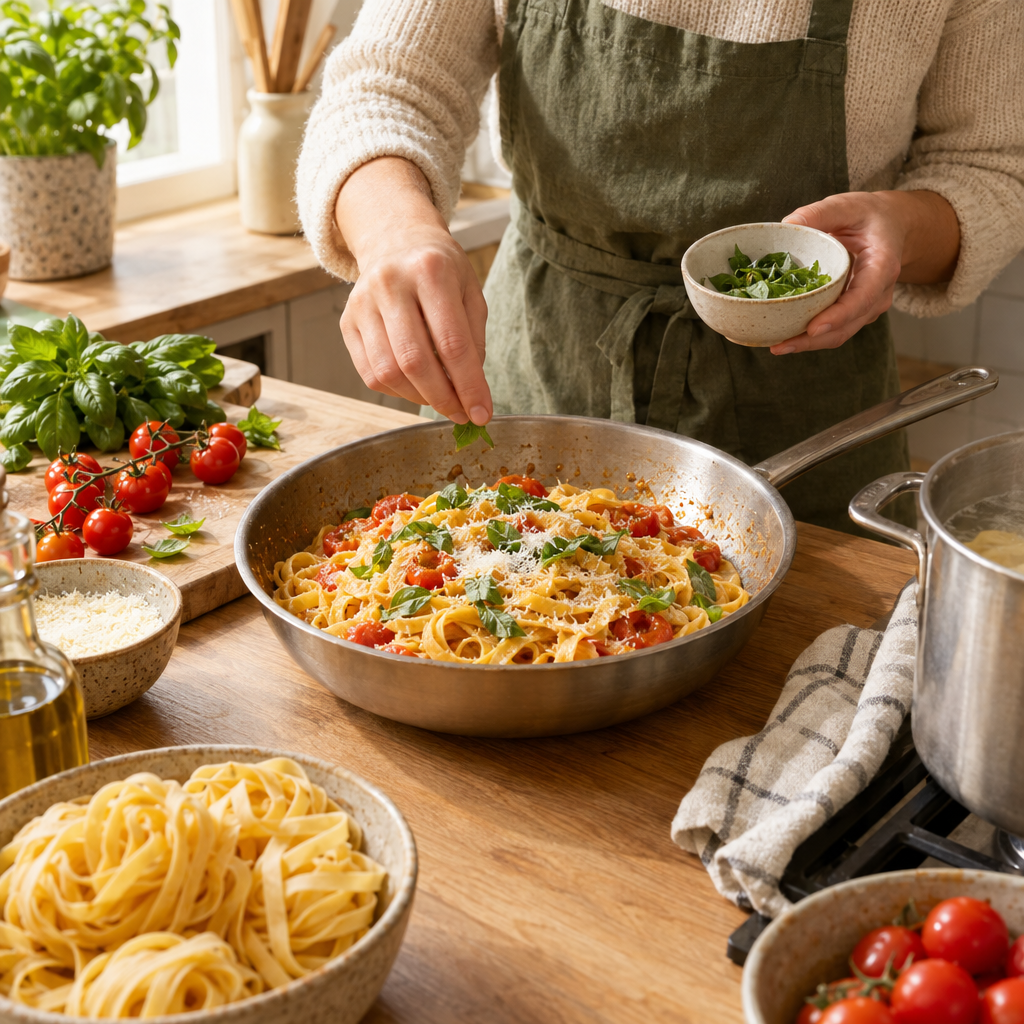A cook preparing a fresh pasta recipe at home