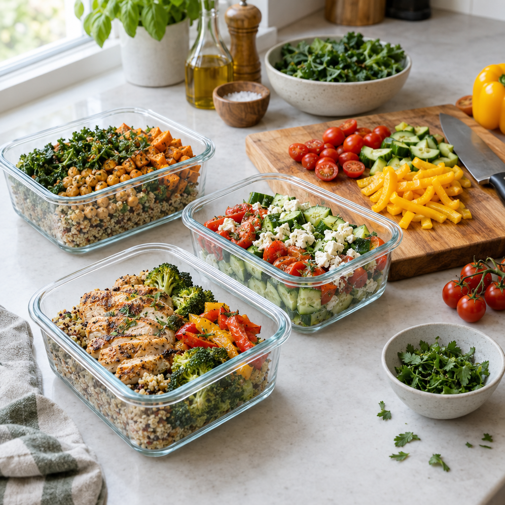 Prepared meals and ingredients arranged on a kitchen counter