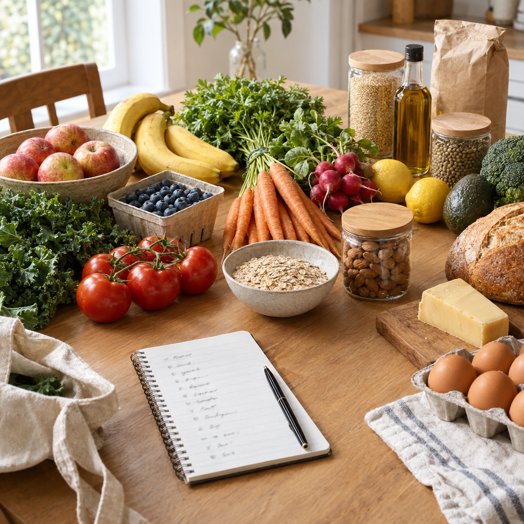 Fresh groceries arranged with a weekly shopping list