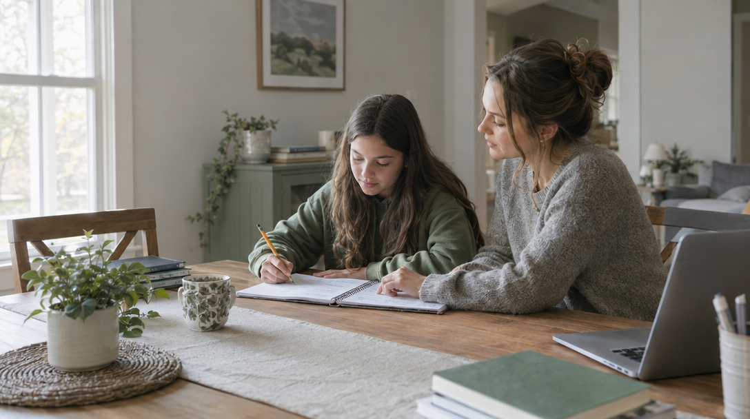 An independent tutor helping a student at a home dining table