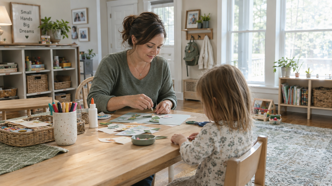 A home daycare operator preparing an activity at a family table