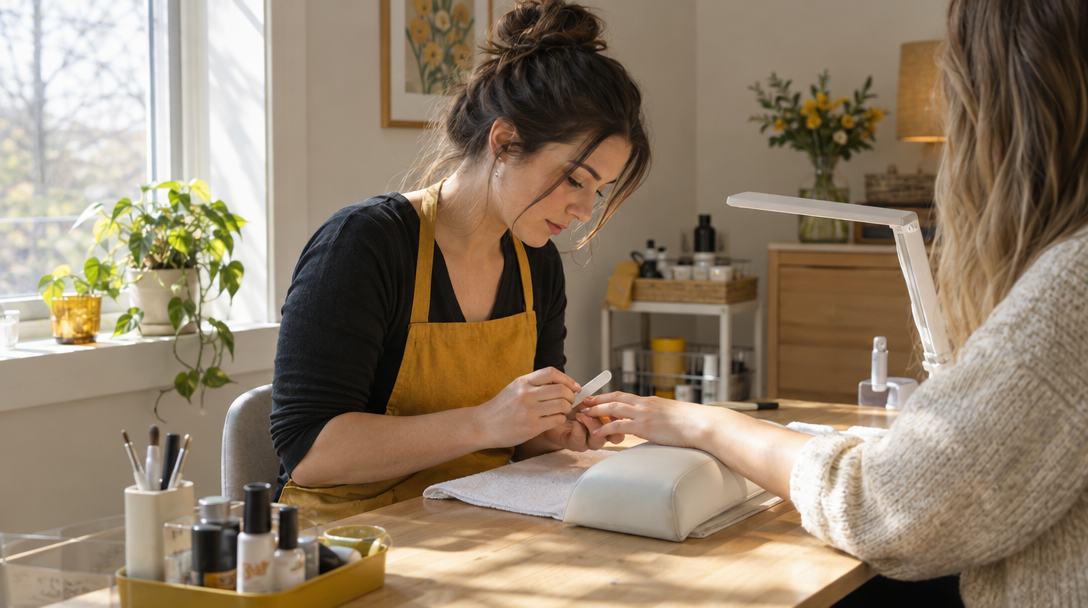 An independent beauty provider working with a client at a home studio