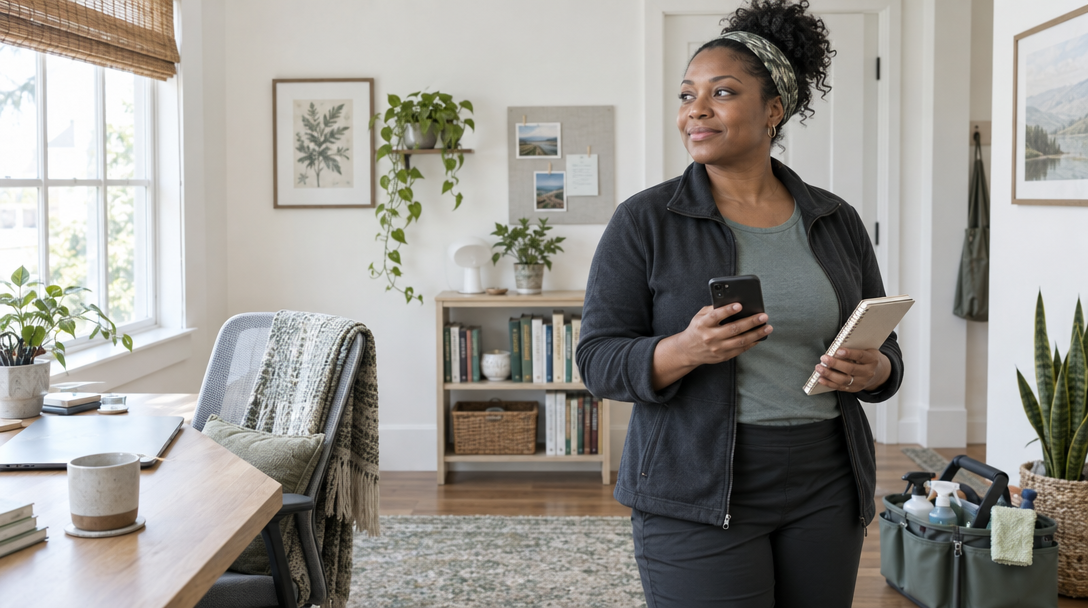 A home-service professional reviewing a notebook in a bright home office