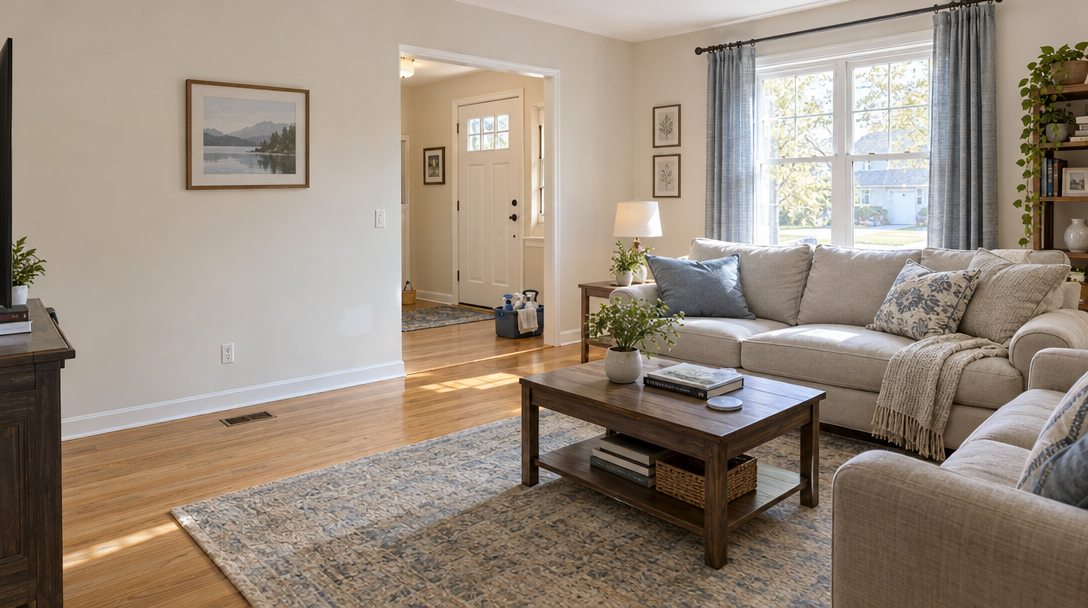 A bright living room with clear surfaces, a folded throw, and a cleaning caddy by the doorway.