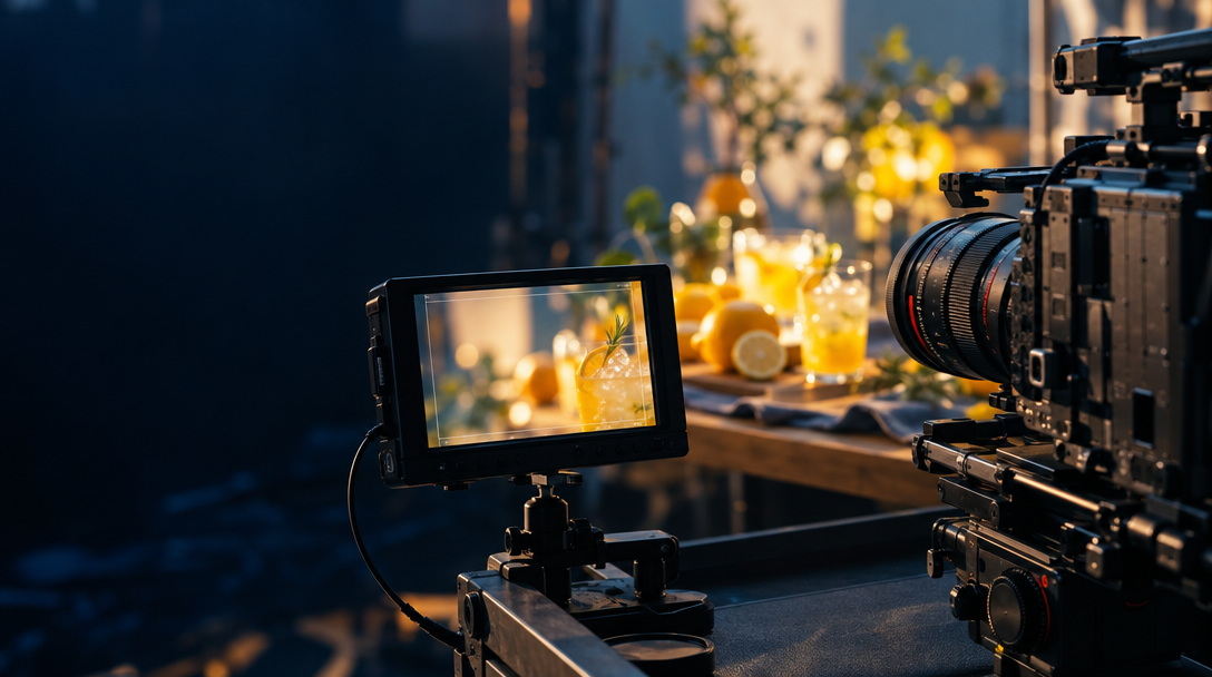 Cinema camera and field monitor on a small commercial set, framing a sunlit citrus drink.