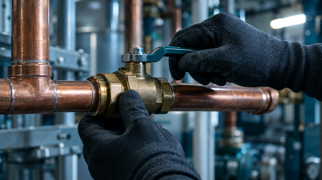 A technician checking a copper pipe isolation valve in a plant room