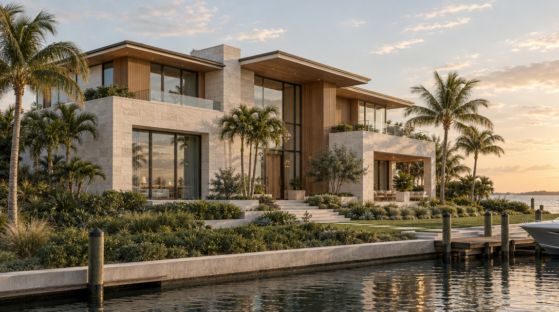 Coastal new build with pale stone, warm timber, glazing and palms beside the water