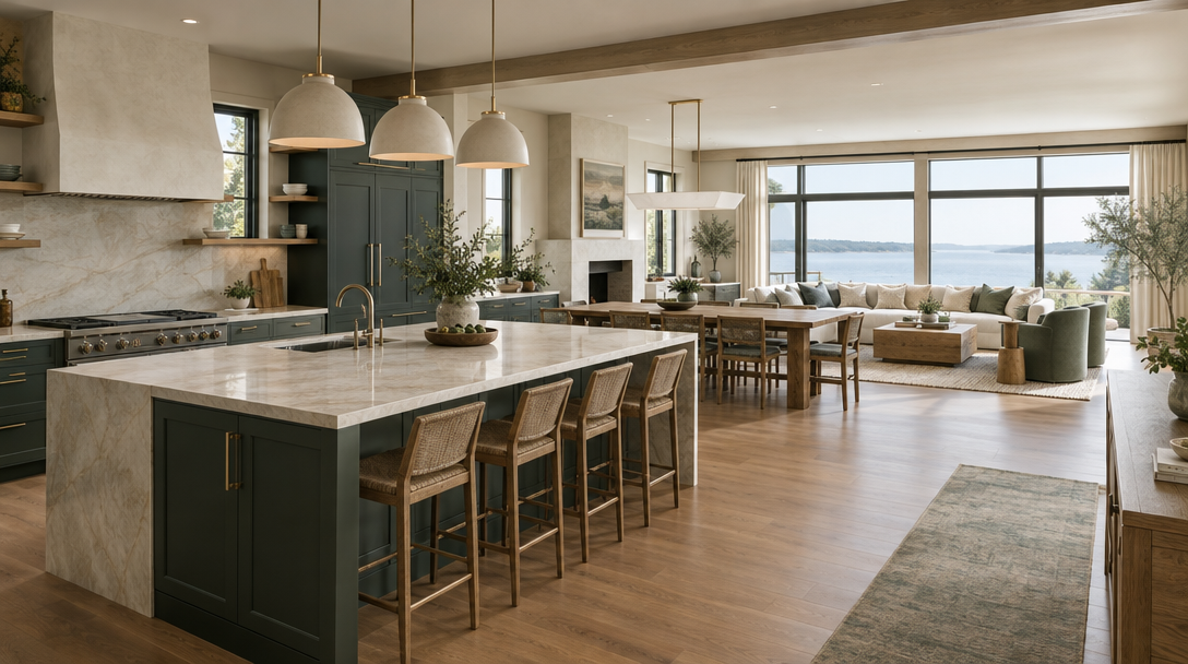 Larger renovation with a bright stone island, elegant cabinetry and a coastal view