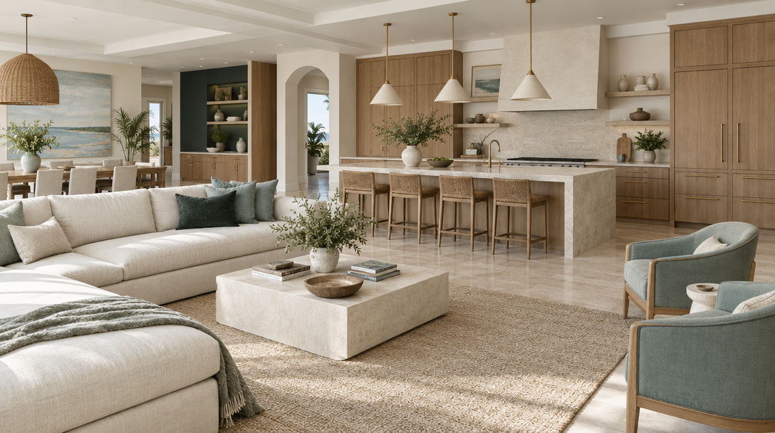 Coastal renovation with bright stone, warm-oak cabinetry and soft daylight in an open living space