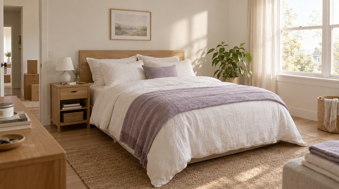 A neatly made bed with soft white linens and a muted lavender throw in a bright room