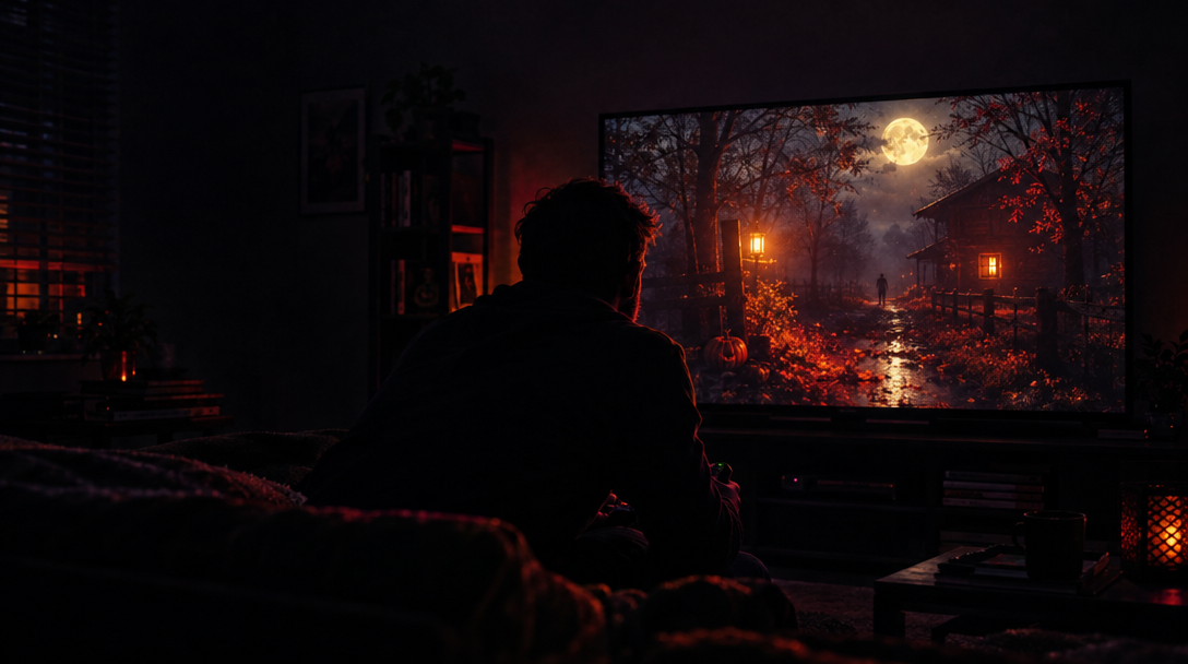 A gamer leaning toward an eerie moonlit scene on a television.