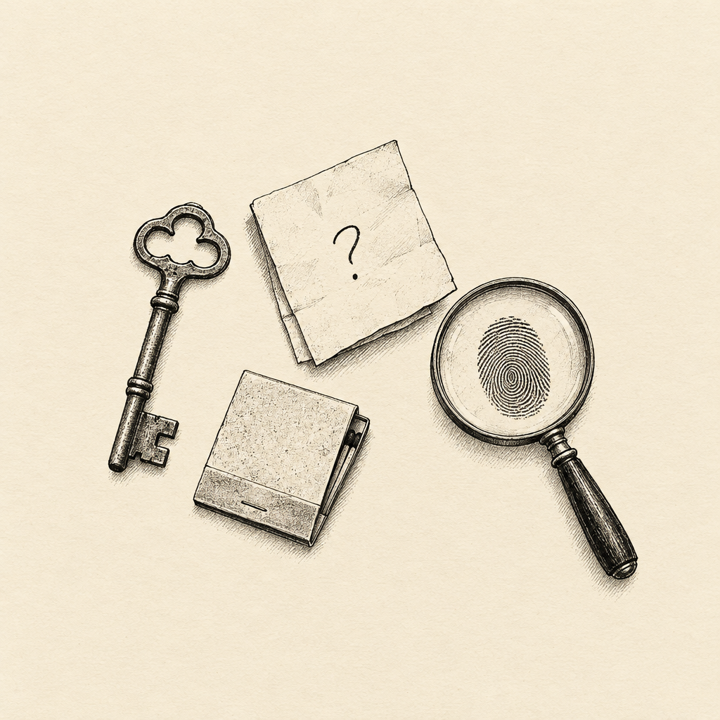 A magnifying glass, an old key, a folded note and a fingerprint drawn in ink.