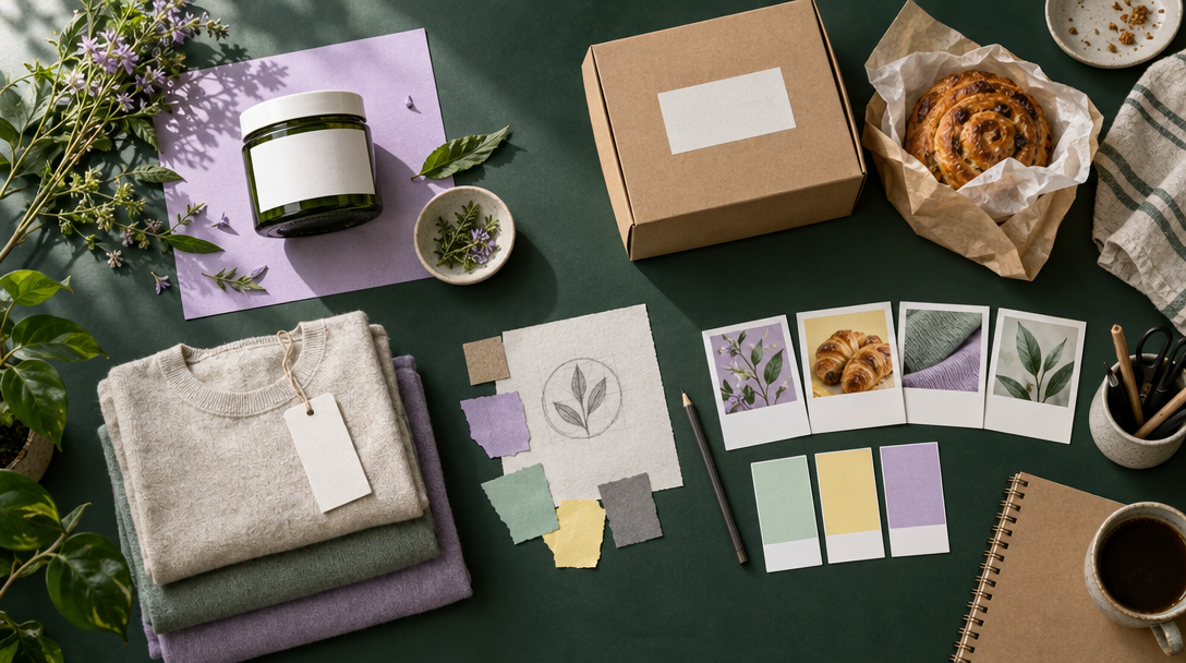 Logo sketch, color chips, blank packaging and fabric arranged as one identity worktable