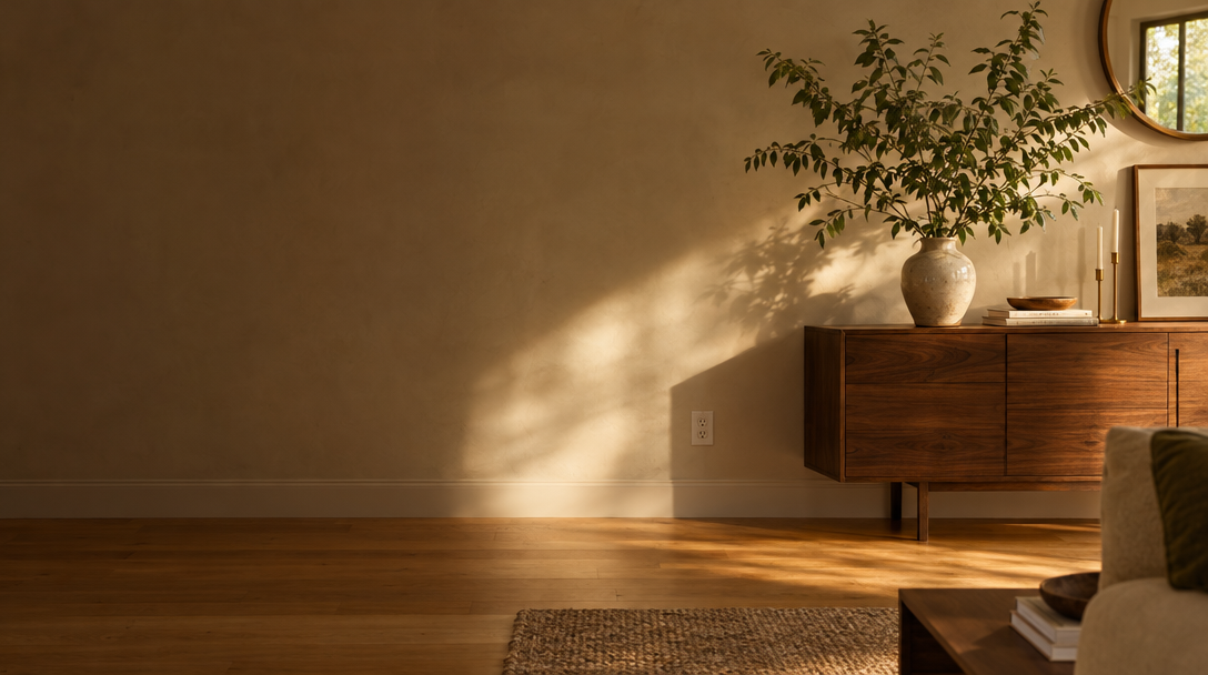 Afternoon light falls across a renovated living room, with an outlet near the baseboard.